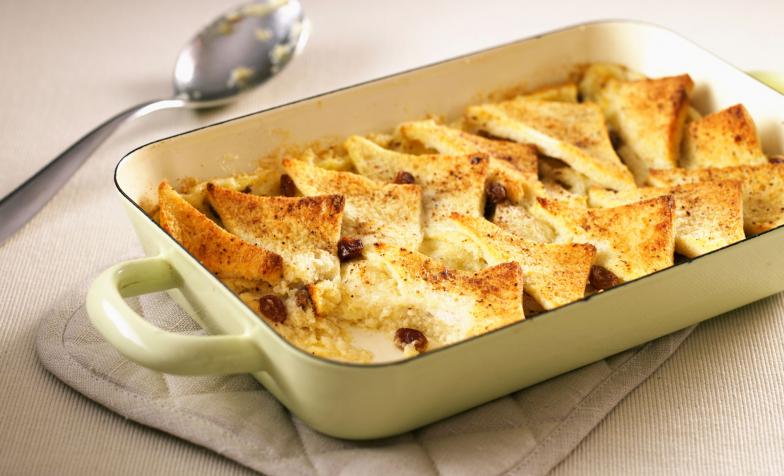 A stock photo of bread and butter pudding