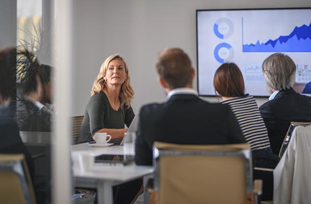 Stock photo of a group of men and women, seated, having a board meeting
