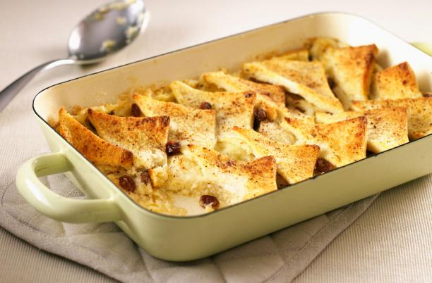 A stock photo of bread and butter pudding