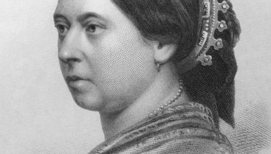 a black and white drawing of Queen Victoria, positioned in profile and looking into the middle distance