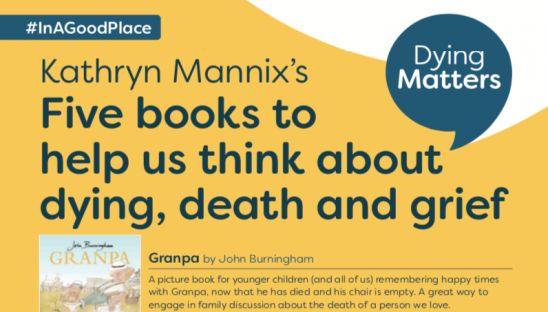 a thumbnail of a poster that reads 'Kathryn Mannix's Five books to help us think about dying, death and grief'